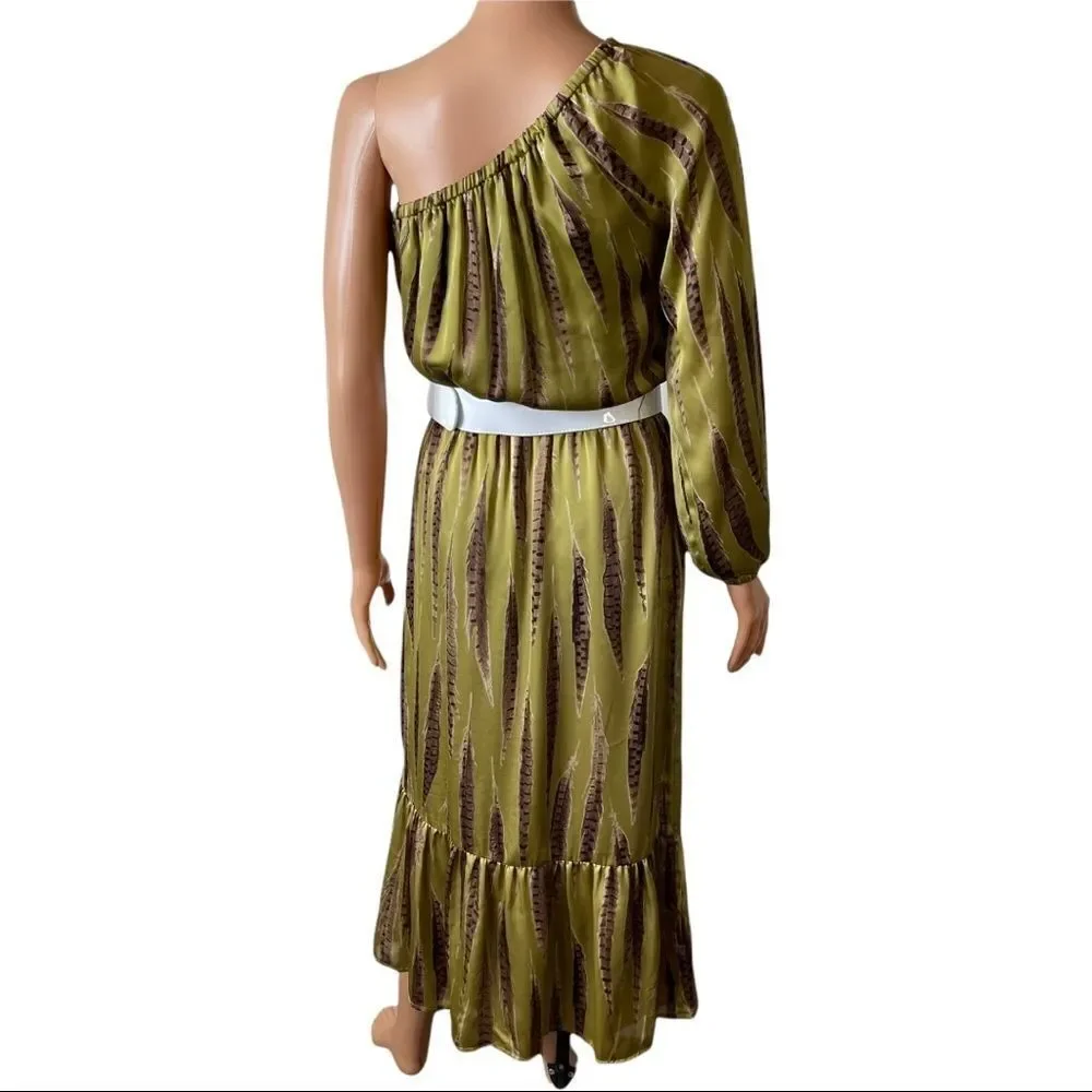 Michael Kors Tarragon Peasant One Shoulder MIDI Dress XSMALL